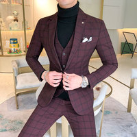 Setelan Pria Laris Manis Motif Kotak Gelap Bisnis Kasual Slim Fit Bernapas Model Single-Breasted Tiga Potong