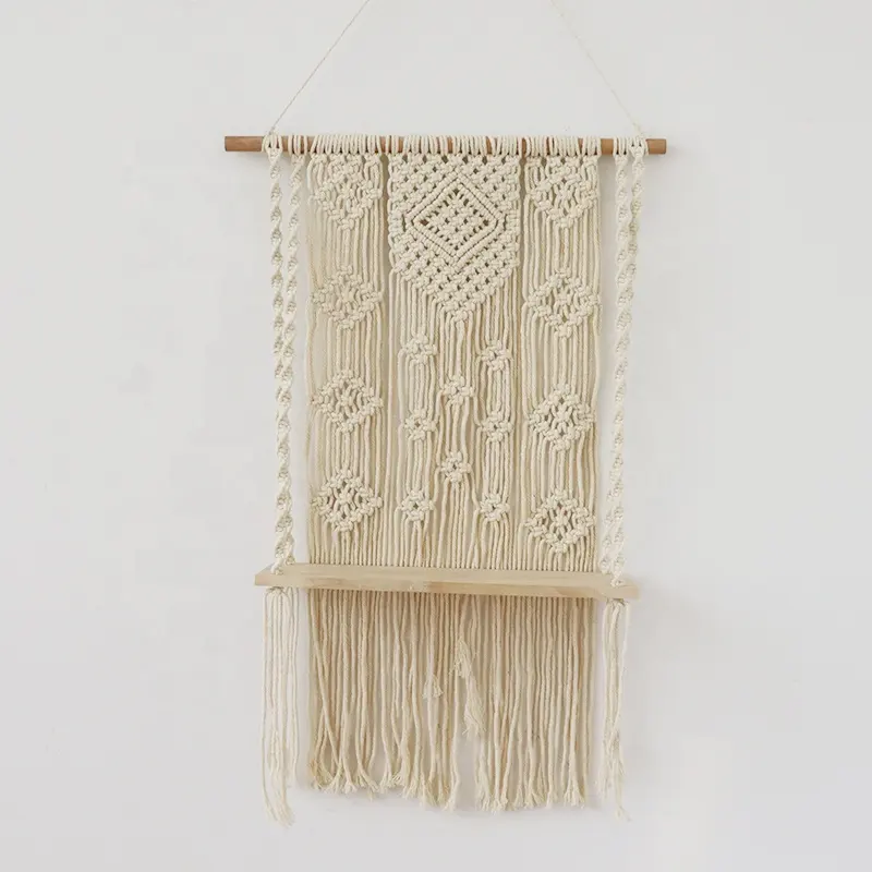 Bohemian Style Floating Wooden Plant Hanger Shelf Living Room Decoration Hand-Woven Macrame Wall Hanging Decor
