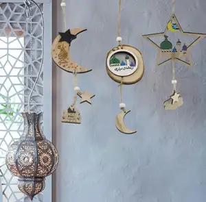 Ramadan Star Monon Dekorationen Holz Eid Mubarak Hängende Anhänger mit Seil Festival Home Decoration
