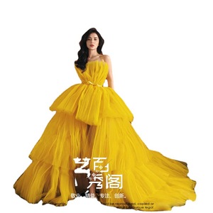 Halter Tulle Ball Gown Wedding Dress Yellow Natural Waistline Photography Studio Portrait Travel Wear - Product Image 5