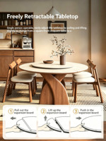 Table à manger rétractable moderne Atunus, convertible carrée-rond, avec pieds en bois massif et plateau en ardoise, ensemble de meubles de salle à manger