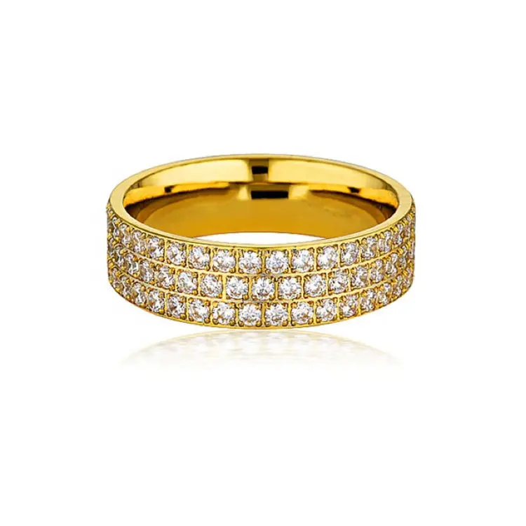 Women Non Tarnish Fine Jewelry Crystal Rings Sparkle 18K Gold Plated Micro Pave Stainless Steel Three Layer Band Diamond Ring