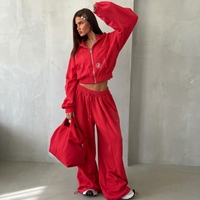 Ensemble de survêtement décontracté deux pièces pour femme, avec sweat à capuche court brodé surdimensionné à fermeture éclair et pantalon large