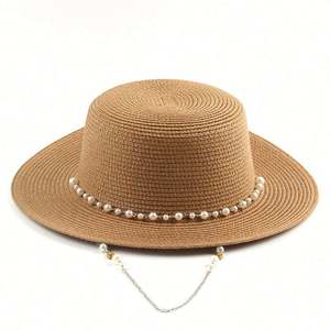 Chapeaux de soleil en papier pour la plage, vente en gros, style décontracté, pour femmes, avec chaîne de perles, pour la pêche et les voyages - Product Image 1