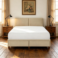 Lit avec tête de lit élégante et panneaux, rembourré, avec rangement, en cuir beige, avec tiroirs, cadre de lit King Size, mobilier de chambre
