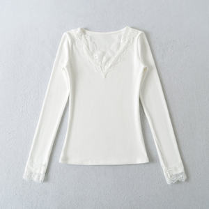 2 Pilihan Warna Kaos Rajut Kerah V Lengan Panjang Berenda Warna Solid Kasual Modis untuk Wanita - Product Image 2