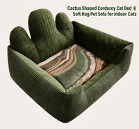 Canapé-lit pour animaux de compagnie en velours côtelé vert foncé, housse amovible, antidérapant, dossier en forme de cactus, pour chiens et chats, lavable, respirant, uni