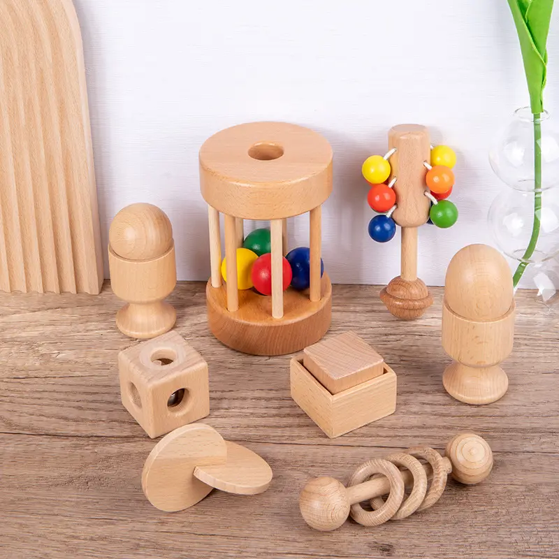 Wooden Baby Teethers Toys Montessori Rattles With Bells 6 Months Newborn Toy For Infant Boys And Girls Gifts