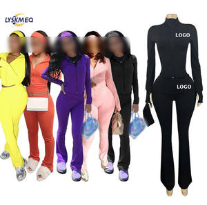 Custom logo dames trainingspakken outfits workout fitness jogger 2-delige sets yogajack flare broek met hoofddoek dameskleding - Product Image 1