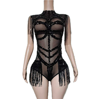Justaucorps de danse sexy en maille transparente noire à paillettes et strass, combinaison scintillante pour fête d'anniversaire, club, scène