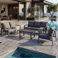 Ensemble de canapés d'extérieur J&M Modern Poolside, structure en aluminium, table en imitation bois, mobilier de jardin, fauteuils, coussins, 7 pièces