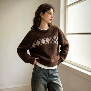 Cream <b>Argyle</b> Knit <b>Sweater</b> Women Crew Neck Pullover Long Sleeve Crocheted Knitwear Casual Daily Wear - Product Image 2