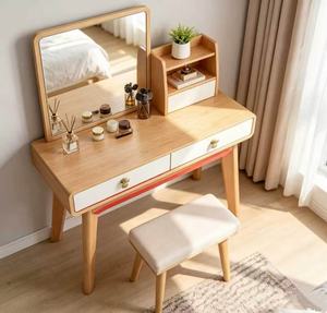 Coiffeuse scandinave en bois de hêtre massif avec miroir et tiroirs de rangement, ensemble de table de maquillage pour chambre à coucher - Product Image 3