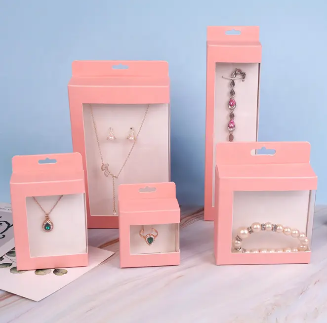 Custom Makeup Jewelry Lash Packaging Folding Earring Bracelet Hang Retail Pink Paper Boxes With Clear Window