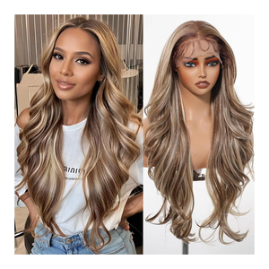 Perruques Lace Front Synthétiques 13x6 HD Blond Miel, Ligne de <span class=keywords><strong>Cheveux</strong></span> Pré-Épilée avec Baby Hair, Ondulées Longues 28 Pouces - Product Image 1