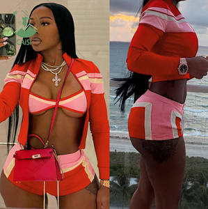 Completo da Donna 3 Pezzi Abbigliamento Estivo Autunnale Tuta Sportiva Streetwear Personalizzata con Reggiseno Sportivo Giacca e Pantaloncini a Colori Contrastanti - Product Image 1