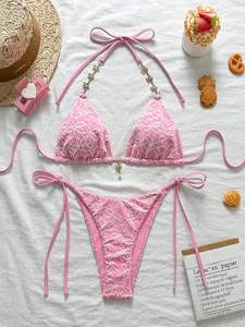 2025 Women's European American Sexy Lace-up Neck <strong>Bikini</strong> New Flower Fabric Bandeau <strong>Swimsuit</strong> <strong>Thongs</strong> Solid Pattern Logo Waist - Product Image 5