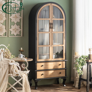 French Style Solid Wood Arched Cabinet With Glass Doors And Drawers Living Room Storage <b>Sideboard</b> - Product Image 1