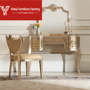 El Boyaması Oymalı Çekmeceli Lüks Fransız Tarzı Masif Ahşap Tuvalet Masası, Prenses Yatak Odası İçin Makyaj Masası - Product Image 1