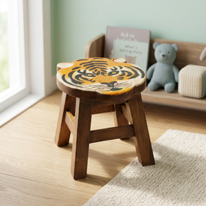 Tabouret en bois rustique sculpté à la main en forme de tête de tigre - Meuble de bureau/d'étude en bois massif, vente en gros depuis l'Inde - Product Image 3