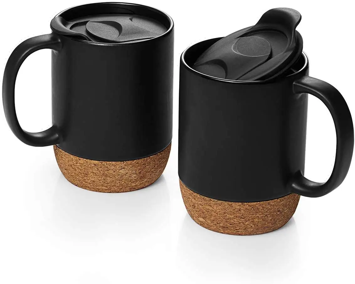 Ensemble de tasse en céramique noire mate, tasse de 15 OZ avec fond en liège isolé et couvercle anti-éclaboussures, grande tasse à café avec poignée pour hommes