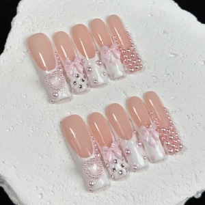 Venta caliente Extra largo ABS Press-On Nails Square Pink Pearl Heart Design Estilo <span class=keywords><strong>de</strong></span> manicura francesa hecho a mano para la aplicación del dedo - Product Image 3