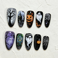 BETIFNAIL Prix de gros Halloween 30 faux ongles à presser, motifs Galaxie Violette et Verte, Paillettes, Chapeau de Sorcière, Potion Magique, Étoile, Effet Mécanique