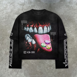 Streetwear oversize lavato nero 3D Graphic t-Shirt a manica lunga da uomo con motivo a linguetta con stampa a grande stella <span class=keywords><strong>B</strong></span> - Product Image 1