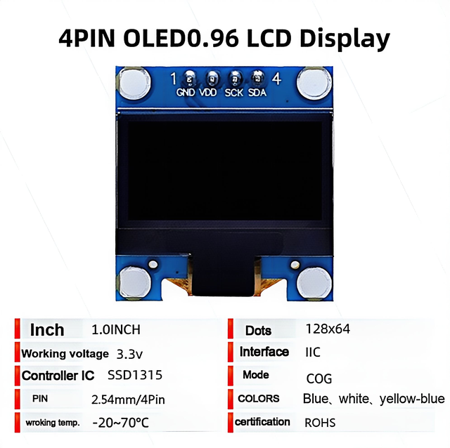 OLED 0.96 Inch 4PIN 3.3V LED Backlight 128*64 SSD1315 IIC I2C White & Blue Character Small Screen
