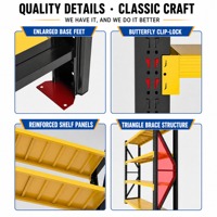 Étagère à palettes robuste à 4 niveaux, cadre noir, poutre jaune, en acier industriel, hauteur réglable pour entrepôt et garage