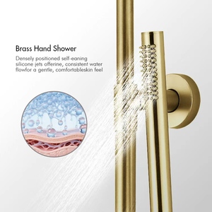 Ensemble de robinetterie de <span class=keywords><strong>douche</strong></span> thermostatique en or brossé avec barre coulissante, pommeau de <span class=keywords><strong>douche</strong></span> pluie et douchette à jet doux, design angulaire incurvé pour usage hôtelier - Product Image 5