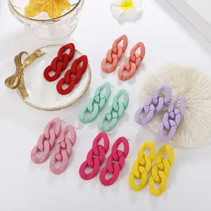 Lovely candy multi color acrylic hand paint twisted hoop chain earrings