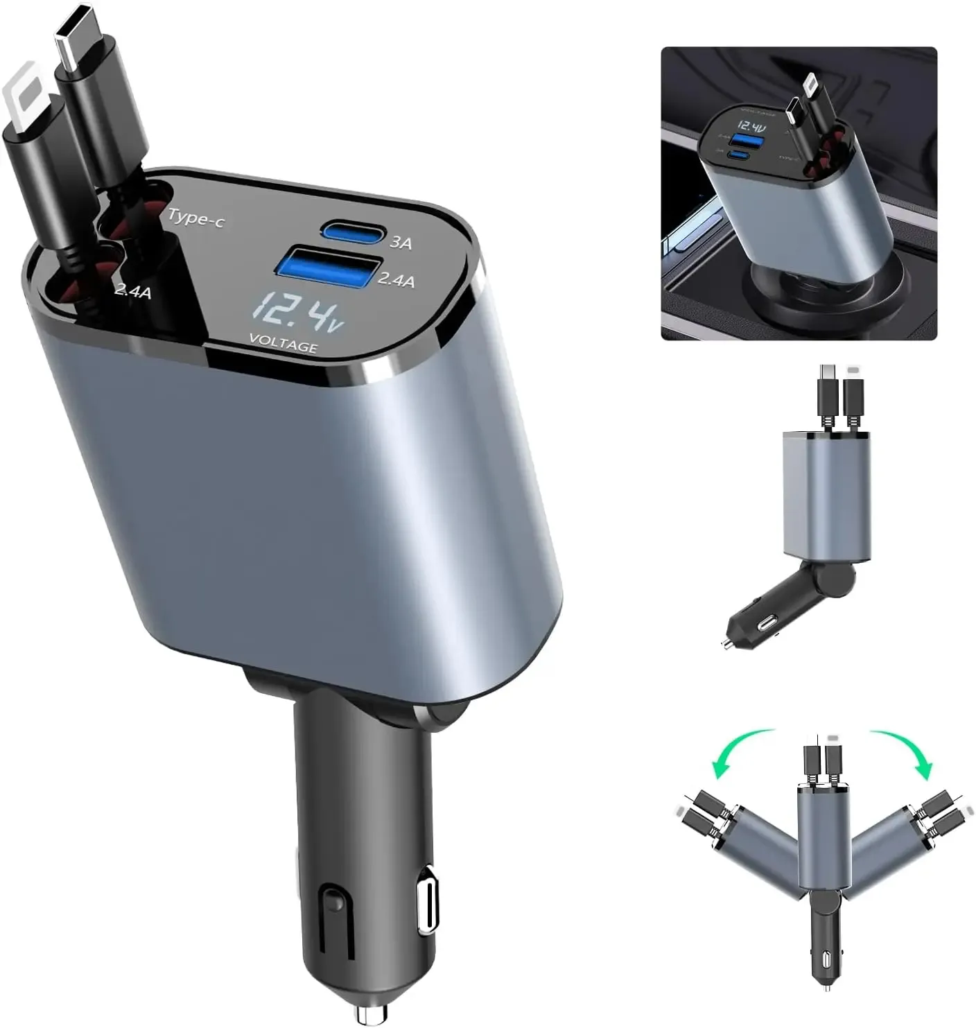 4 in 1 Car Fast Charger for iPhone and Type C Retractable Cables and 2 Charging Ports Retractable Car Charger