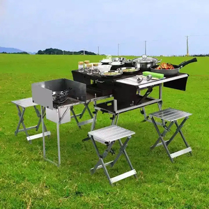 Portable Outdoor Folding Food Trailer Mobile Kitchen Foldable Cooking Grill Dining <b>BBQ</b> Picnic <b>Table</b> and Chair Set for Camping - Product Image 4