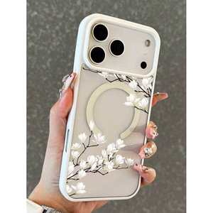 Funda Magnética de TPU Suave con Diseño de Flor de Magnolia para iPhone 11 a 17 Pro Max, Blanca, Floral, Unisex - Product Image 1