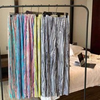 Nouveau style été 2026 – Pantalon large plissé accordéon taille haute décontracté à drapage fluide imprimé tie-dye rayures arc-en-ciel pour le sport