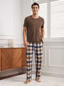 Top estivo a manica corta <span class=keywords><strong>da</strong></span> <span class=keywords><strong>uomo</strong></span> in <span class=keywords><strong>pigiama</strong></span> di cotone Plaid pantaloni <span class=keywords><strong>da</strong></span> salotto pigiami in bambù per <span class=keywords><strong>uomo</strong></span> - Product Image 2