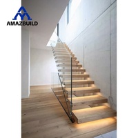Escalier flottant moderne AMAZBUILD pour villa avec garde-corps en verre trempé, éclairage LED, poutre dissimulée, escalier intérieur écologique