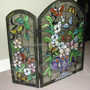 Paravent de cheminée en vitrail, 3 panneaux, motif floral, verre décoratif traditionnel, pour salon, autoportant, forme cathédrale - Product Image 6
