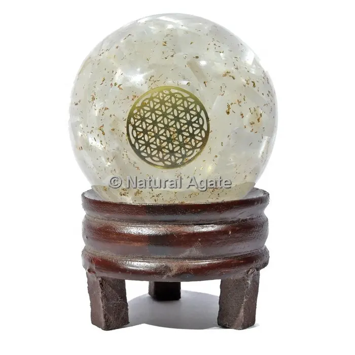 Precio al por mayor Reiki Chakra piedras Bola de piedra cristal cuarzo piedra flor vida símbolo orgón esfera con soporte