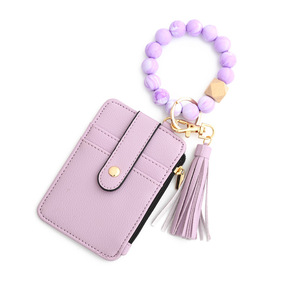 Borsa per carte con stampa leopardata portafoglio in pelle PU portachiavi da donna in legno con perline in Silicone bracciale con cerniera portachiavi a portafoglio - Product Image 6