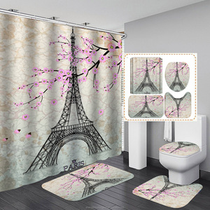 4Pcs Paris Tour Eiffel Rideau de <span class=keywords><strong>Douche</strong></span> Set de Salle de Bain Décor avec Tapis Antidérapant Tapis de Bain en Forme de U Couvercle de Toilette Imperméable - Product Image 5