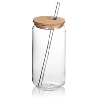 1 Pack 16oz Verre à bière en forme de canette avec couvercle en bambou et paille pour sublimation, pour whisky, café glacé, mojito, soda
