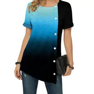 2022 Mode Vrouwen Lang Shirt Elegante Blouse Casual Knopen Tops Kleur Patchwork Asymmetrische Tunieken Shirt