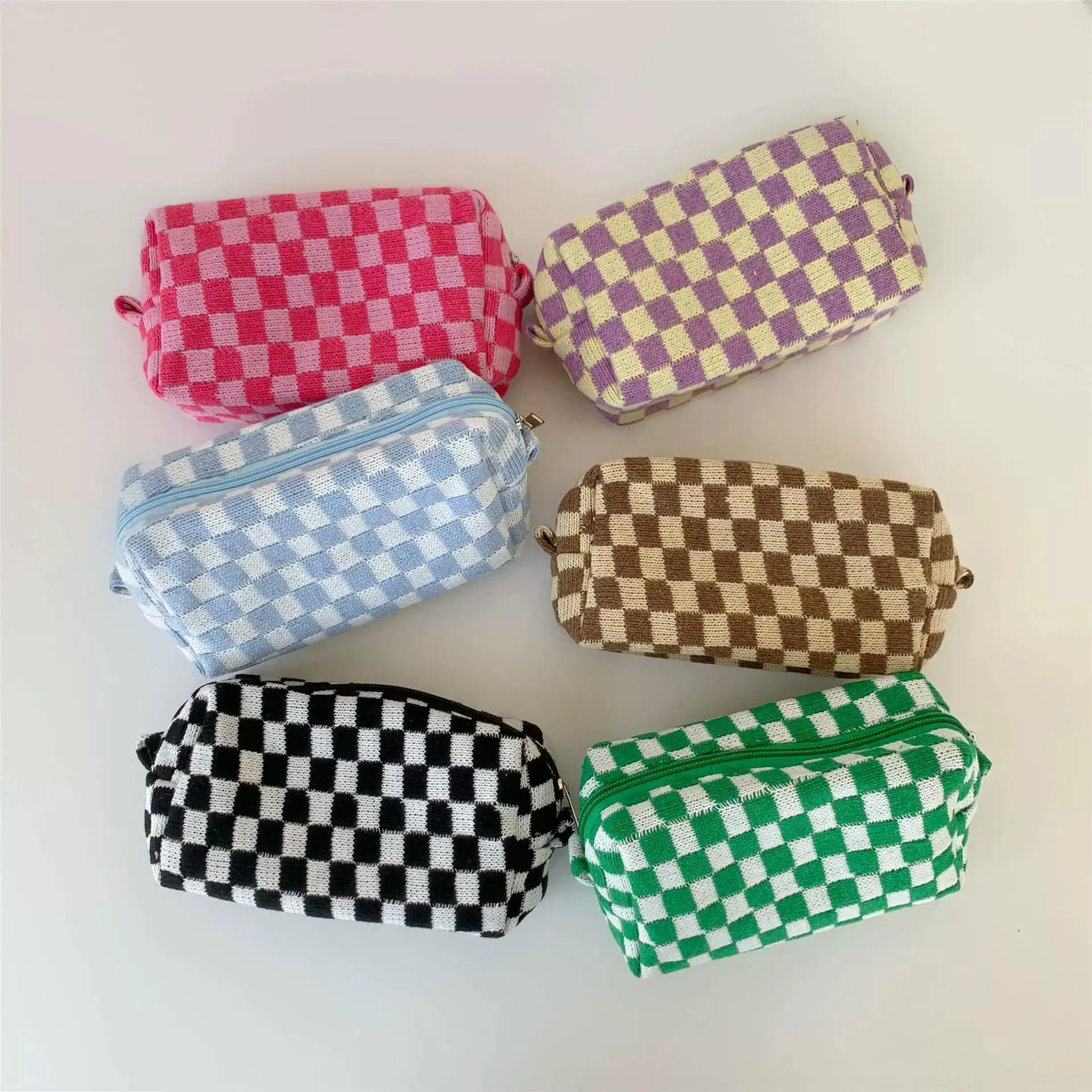 Wholesale Knitted Zipper Ladies Makeup Pouch Canvas Travel Checkered toiletry Cosmetic Bag For Women Girls