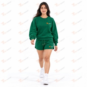 Conjunto Deportivo de 2 Piezas para Mujer, Color Verde Sólido, Sudadera y Pantalones Cortos, Cuello Redondo, Corte Regular, Estilo Casual, Ropa Urbana de Otoño, Secado Rápido, 100% Algodón - Product Image 2