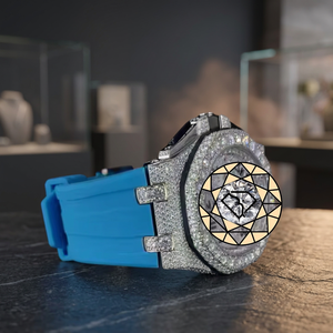 Montre de luxe personnalisée écologique en acier inoxydable avec cadran turquoise, mouvement à quartz analogique, bracelet entièrement serti de pierres, unisexe - Product Image 4