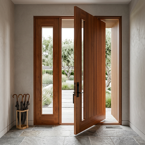 Porte d'entrée moderne en teck massif avec vitre latérale, porte d'entrée de luxe pour villa, design personnalisé - Product Image 2