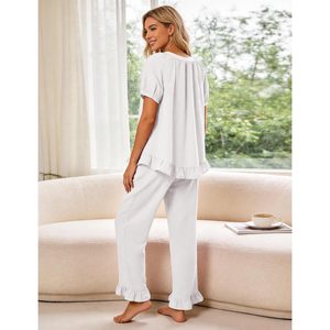 Womens Ruffle Pajamas Short Sleeve Button Down Lounge <b>Set</b> <b>2</b> <b>Piece</b> Solid Sleepwear Drawstring With Pockets - Product Image 5