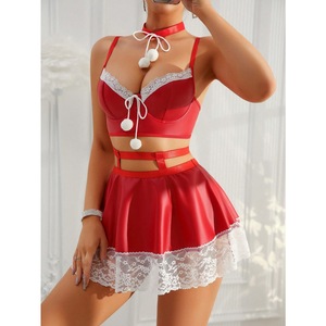 Set di Lingerie Rossa Effetto Raso per <span class=keywords><strong>Donna</strong></span>, Top Corto con Pizzo e Minigonna, Completo Due Pezzi, Sexy Abbigliamento da Notte, <span class=keywords><strong>Costume</strong></span> Lingerie - Product Image 5